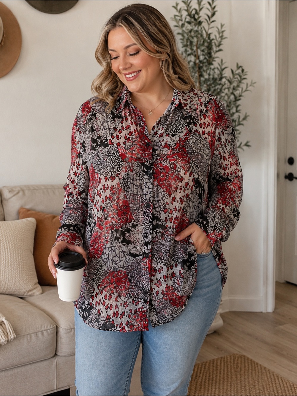 Maggie Barnes Red Black Animal Print Sheer Blouse 1X Button Shirt